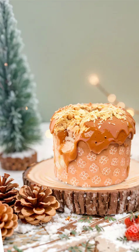 There is a panettone with dulce de leche topping, delicioso, doce de leite, 4k polymer clay food photography, festivo, Vidrado, imagem detalhada, holiday season, foto do produto em miniatura, com pedras preciosas cintilantes no topo, imagem de comida super...