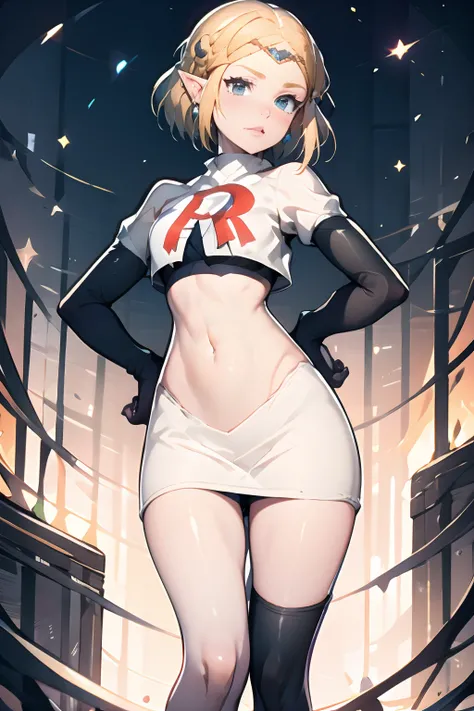 ZeldaTOTK, team rocket,team rocket uniform, red letter R, white skirt,white crop top,black thigh-highs,black elbow gloves, sinister villianess look, hands on hips