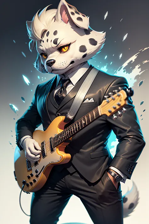 (Man in black suit and tie)Cartoon playing electric guitar、Anthropomorphic lop-eared Dalmatian dog