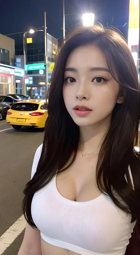 ((Realistic lighting, Best quality, 8K, Masterpiece: 1.3)), Clear focus: 1.2, 1girl, Perfect beauty: 1.4, Big breasts: 1.2, Slim abs: 1.1, ((dark brown hair)), (White crop top: 1.4), (Outdoor, night: 1.1), City streets, Super fine face, fine eyes, Double e...