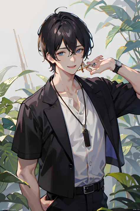 1boy, bangs, berry, black hair, black shirt, blue eyes, hair between eyes, leaf, looking at viewer, male focus, necklace, pants, shirt, solo, watch, white pants, wristwatch, messy hair, trending on artstation, 8k resolution, highly detailed, anatomically c...