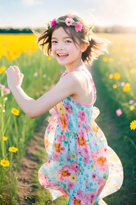 flowers in her hair, colorful dress, running in a field, sunlight, nature, bokeh, soft pastel colors, joyful expression, vibrant atmosphere, playful and carefree, happy childhood memories, dreamlike, whimsical, impressionistic,5yo