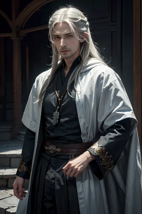 1man, 25 y/o, long white hair with back slit, masculine, stern man in judge blue robe, handsome young man, Legolas, Leon Scott Kennedy, Mads Mikkelsen, intricate, solo focus, realistic, dynamic pose realistic, detailed and correct facial structure, handsom...