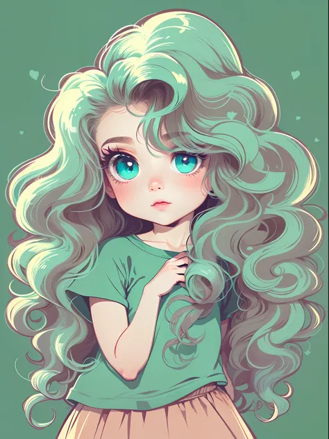 High quality design vector style image, T-shirt print style, Cute little girl s。Huge long hair。curlies。Big turquoise eyes。 Vector image.