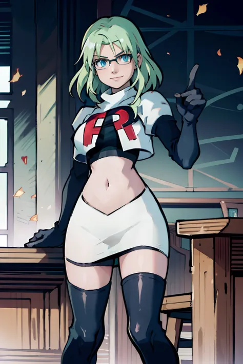 fembyleth, light green hair, glasses, team rocket,team rocket uniform, red letter r, white skirt,white crop top,black thigh-high...