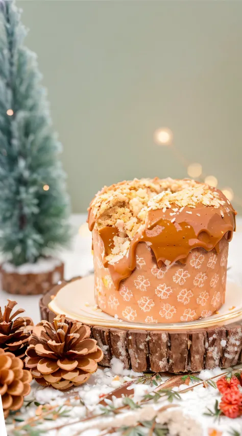 There is a panettone with dulce de leche topping, delicioso, doce de leite, 4k polymer clay food photography, festivo, Vidrado, imagem detalhada, holiday season, foto do produto em miniatura, com pedras preciosas cintilantes no topo, imagem de comida super...