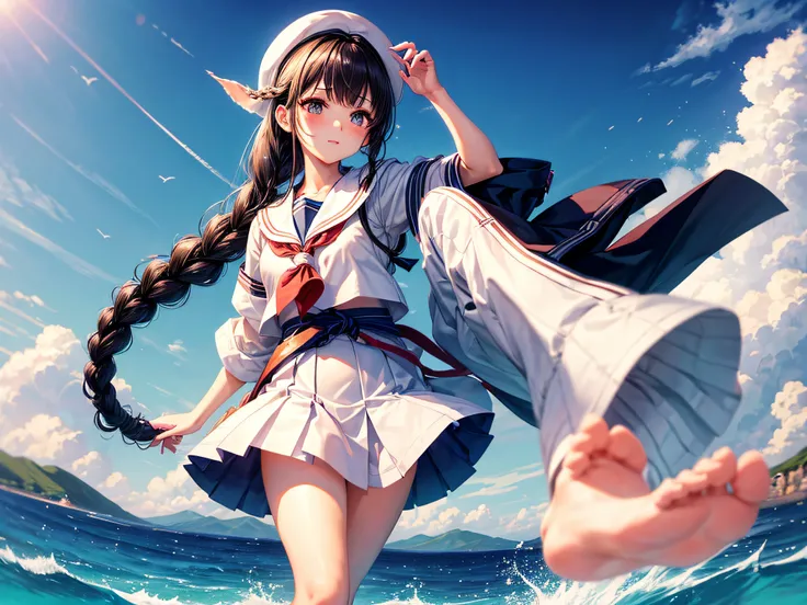 hightquality,girl with,Longhaire,ahe face,valley,full bodyesbian,Foot braids,a sailor suit,a miniskirt,Women in Japan,