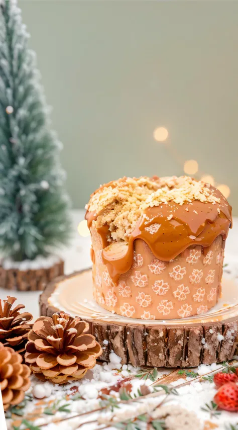 There is a panettone with dulce de leche topping, delicioso, doce de leite, 4k polymer clay food photography, festivo, Vidrado, imagem detalhada, holiday season, foto do produto em miniatura, com pedras preciosas cintilantes no topo, imagem de comida super...