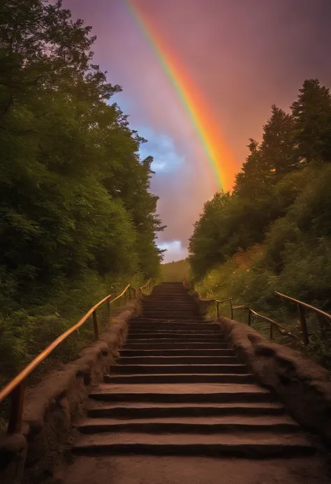 Close-up of the stairs leading to the rainbow sky, stairway to heaven, A very colorful heaven, stairs from hell to heaven, Leading to the Sky, Rainbow clouds, Colors of Heaven, Rainbow Trail, Colorful sky, Rainbow clouds, Heaven!!!!!!!!, rainbow, Rainbow c...