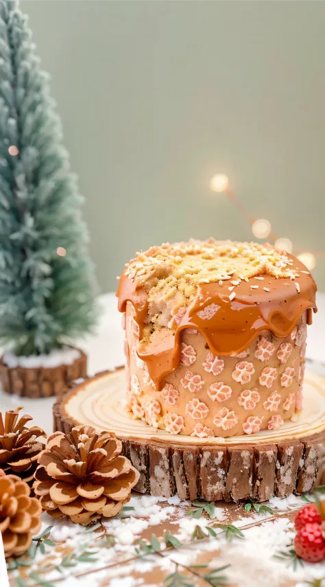 Theres a cake with a frosting on top of a slice of wood, delicioso, caramelo, 4k polymer clay food photography, festivo, vidrado, imagem detalhada, holiday season, foto do produto em miniatura, com pedras preciosas cintilantes no topo, imagem de comida sup...