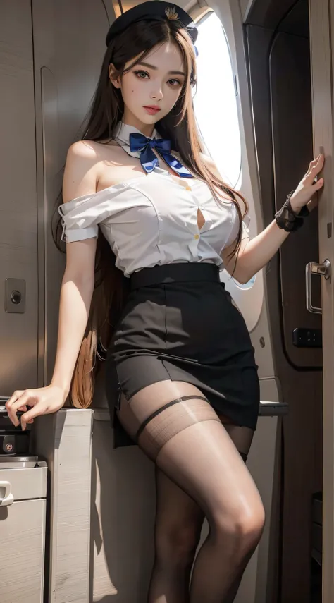 （From the outside） ， many color，Best quality at best，8K，real photograph，Delicate skin details，tmasterpiece，photograph of-realistic，Complicated details，RAW photogr,In the plane，ssmile，florals，stewardess，sockes,Extra-long hair，cropped shoulders，delicated fac...