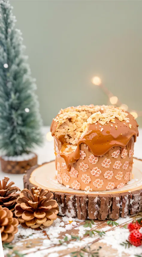 There is a panettone with dulce de leche topping, delicioso, doce de leite, 4k polymer clay food photography, festivo, Vidrado, imagem detalhada, holiday season, foto do produto em miniatura, com pedras preciosas cintilantes no topo, imagem de comida super...