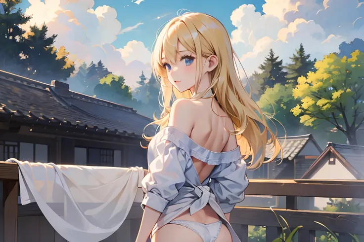 ​masterpiece、top-quality、Anime fill((1人))
1 girl in、white  panties、Bare back、from the rear、Waist-length blonde straight hair
Clothes in a row、Drying clothes continuously、backyard、城市、夏天、morning、Best Shadows、top-quality