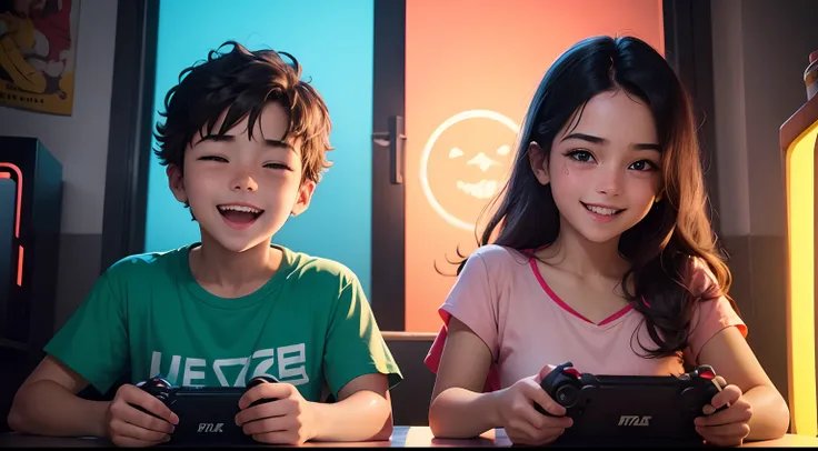 Pizzas deliciosas, detalhada, cores vibrantes, Call to Action, Come in with us, Um casal de adolescentes sorridentes jogando videogames, boy and girl, having fun, rindo muito, felizes, dark background, High definition, high resolution, 8k, master part, sha...