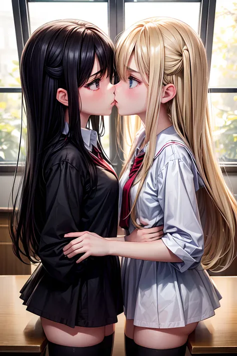 Two teenage girls，angry look，Equal stature，in class room，Black hair and blonde hair，Gaze face to face，Hold each other，The two bodies are close together，Kiss