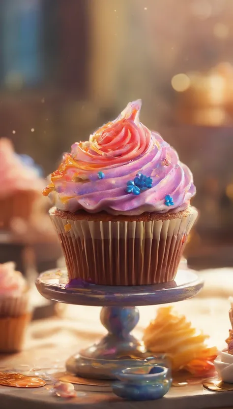 （Cupcake close-up）,{{Masterpiece}}, {{{Best quality}}}, {{Ultra-detailed}}, {{illustration}}, {{Masterpiece}}, {{{Best quality}}}, {{Ultra-detailed}}, {{{illustration}}}, {{Disheveled hair}},close up photograph,A beautiful painting by Alphonse Mucha,glass ...