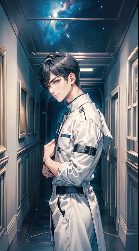 ((4K works))、​masterpiece、(top-quality)、One Beautiful Boy、Slim body、tall、((Attractive British style))、(Detailed beautiful eyes)、In the English corridor、Castle inhabited by villains、Black shop window、Corridor at night、((You can see the starry sky from the w...