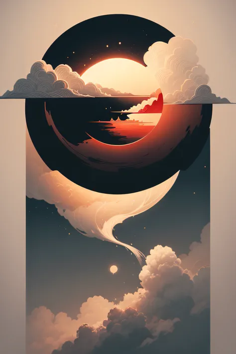 A detailed illustration muted chinese ink painting, muted colors, rice paper texture, splash paint, halo cowboy, one red sun. Venus. Space. Clouds wet to wet techniques. cvibrant vector. using Cinema 4D