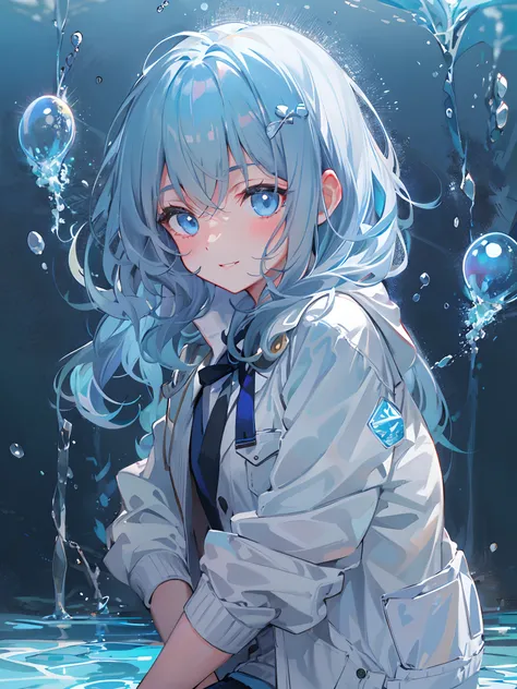 ((top-quality)), ((​masterpiece)), ((ultra-detailliert)), (Extremely delicate and beautiful), girl with, 独奏, cold attitude,((Black jacket)),She is very(relax)with  the(Settled down)Looks,A dark-haired, depth of fields,Evil smile,Bubble, under the water, Ai...