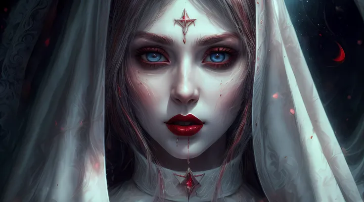 a picture of an exquisite beautiful female (nun: 1.3) vampire standing under the starry night sky on the porch of her monastary, dynamic angle (ultra detailed, Masterpiece, best quality), ultra detailed face (ultra detailed, Masterpiece, best quality), ult...