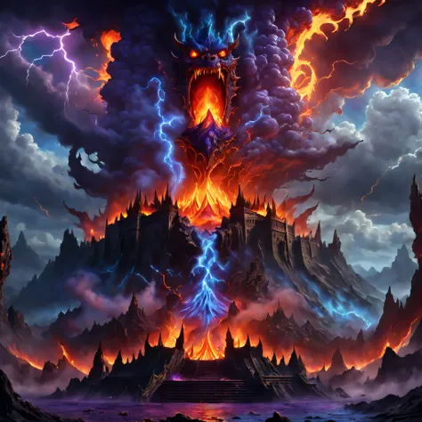 Doomsday landscape，a volcano erupts，Flame sputtering，blasts，molten lava，A devils face emerged from the smoke，Liquid lava，Fire Palace，Paired with purple and blue, fantasy highly detailed, With gorgeous magic lightning rings, magia, beautiful detailed fantas...