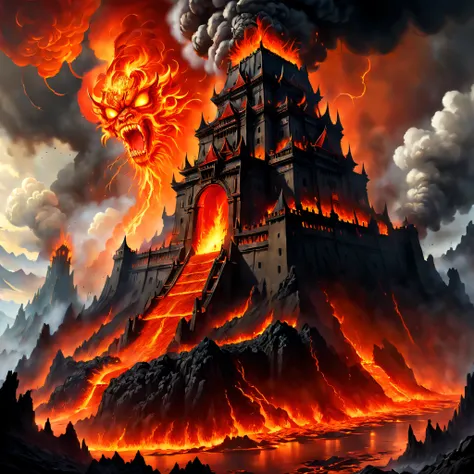 Doomsday landscape，Huge volcanic eruptions，Flame sputtering，molten lava，erupting，A demons face emerged from the thick smoke，Nuclear barrage，Liquid lava，hydrosphere，Palace of Fire，goth castle，（illustratio：1.0）、Epic composition、Realistic lighting、high defini...