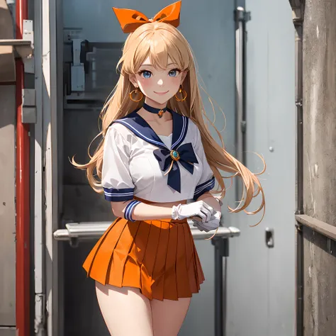 masutepiece, Best Quality, High resolution, venus1, 1 girl, Solo, Warrior Sailor Suit, sailorvenus, aino minako, Blonde hair, magical little girl, Blue eyes, Orange Ultra Mini Skirt, Elbow length gloves, tiarra, Pleated skirt , Hair Bow, Orange Sailor Neck...