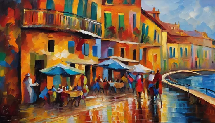 Vista city and skyline，plethora of colors，Crowd movement，There are vehicles passing by，Produces flying shadows，Close up of a delicate woman drinking coffee under a warm street lamp by the river，Bright abstract oil painting style