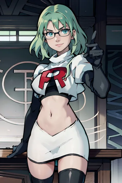 fembyleth, light green hair, glasses, team rocket,team rocket uniform, red letter r, white skirt,white crop top,black thigh-high...