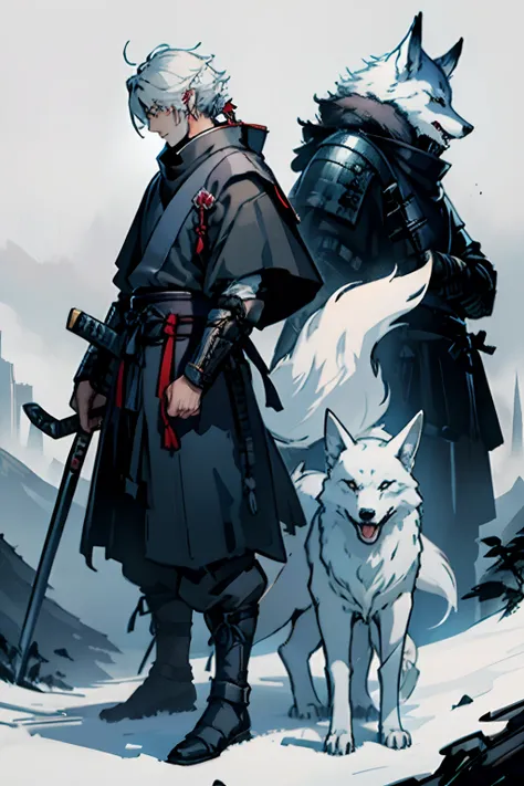 Pale samurai with a wolf by his side