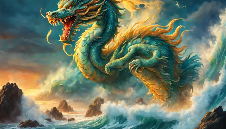 Estilo Vickers, The graphics in the poster design are ocean colors, Chinese dragon in ink painting,, um monge budista orando pacificamente, Like a water god, Viver no Mar do Norte, Controle tempestades no mar, An Ancient Chinese God, Super afiado,Realistic...