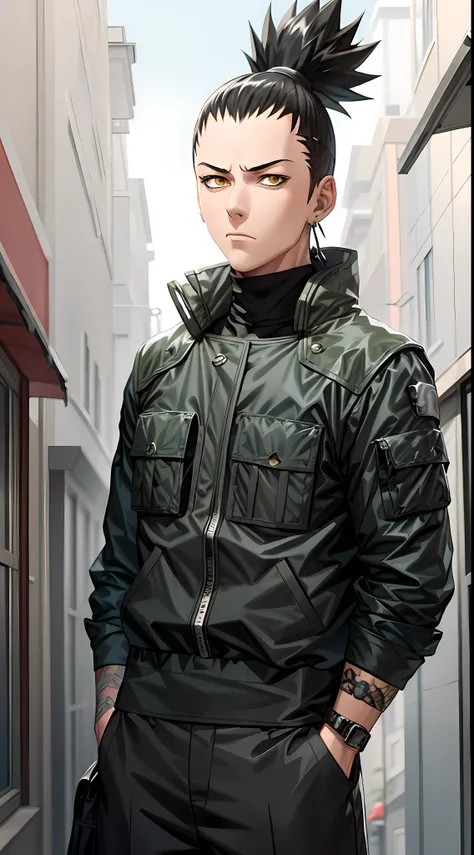 Masterpiece, 1boy, Superb Style, Urban Streetwear chothes, Outdoor, Upper Body, Shikamaru nara, bright eyes, black hair, cool boy