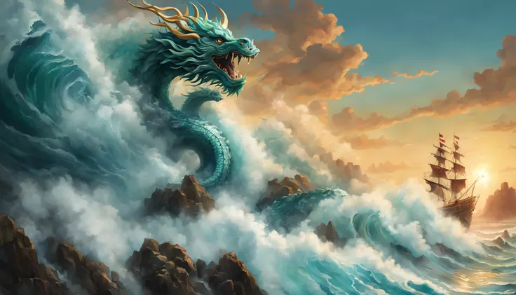 Estilo Vickers, The graphics in the poster design are ocean colors, Chinese dragon in ink painting,, um monge budista orando pacificamente, Like a water god, Viver no Mar do Norte, Controle tempestades no mar, An Ancient Chinese God, Super afiado,Realistic...