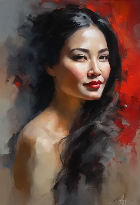 Female portrait, very beautiful chinese woman, long black hair, smiling eyes looking at camera, smiling mouth, revealing red dress, acrylic painting, bold and expressive brushwork, impressionistic style, epic surreal background, very heavy brushstrokes wit...