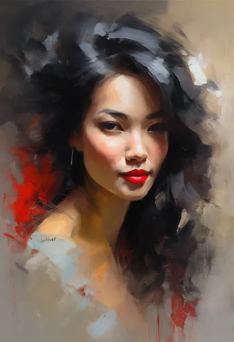 Female portrait, very beautiful chinese woman, long black hair, smiling eyes looking at camera, smiling mouth, revealing red dress, acrylic painting, bold and expressive brushwork, impressionistic style, epic surreal background, very heavy brushstrokes wit...