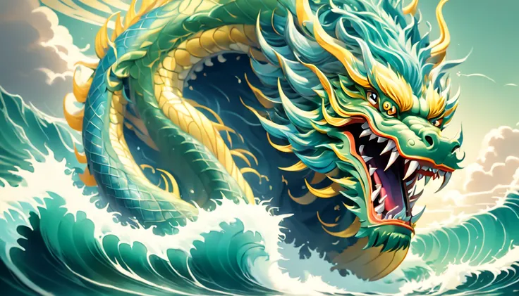 Estilo Vickers, The graphics in the poster design are ocean colors, Chinese dragon in ink painting,, um monge budista orando pacificamente, Like a water god, Viver no Mar do Norte, Controle tempestades no mar, An Ancient Chinese God, Super afiado,Realistic...