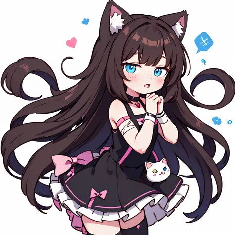 anime girl with long brown hair, black dress and black stockings, choker,pink bows on hair, bandages on the hands,cute anime cat...