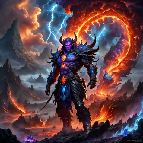 A heavily armed warrior fell from the sky，Doomsday landscape，a volcano erupts，fire glow，blasts，molten lava，A devils face emerged from the smoke，Liquid lava，Paired with purple and blue, fantasy highly detailed, With gorgeous magic lightning rings, magia, be...