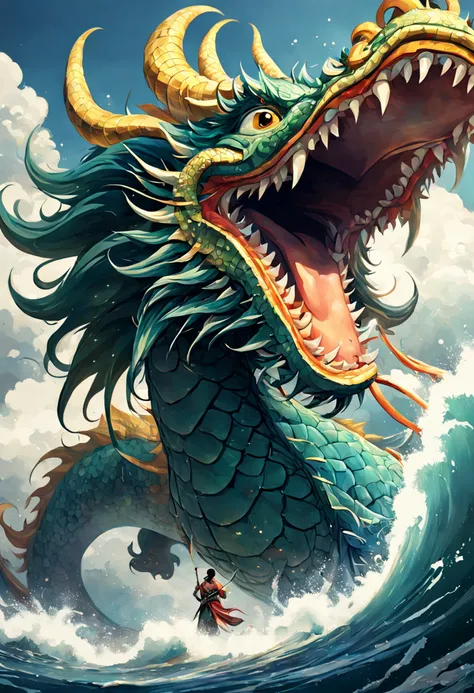 Estilo Vickers, The graphics in the poster design are ocean colors, Chinese dragon in ink painting,, um monge budista orando pacificamente, Like a water god, Viver no Mar do Norte, Controle tempestades no mar, An Ancient Chinese God, Super afiado,Realistic...