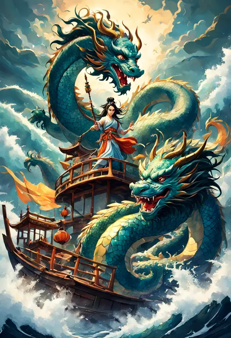 Estilo Vickers, The graphics in the poster design are ocean colors, Chinese dragon in ink painting,, um monge budista orando pacificamente, Like a water god, Viver no Mar do Norte, Controle tempestades no mar, An Ancient Chinese God, Super afiado,Realistic...