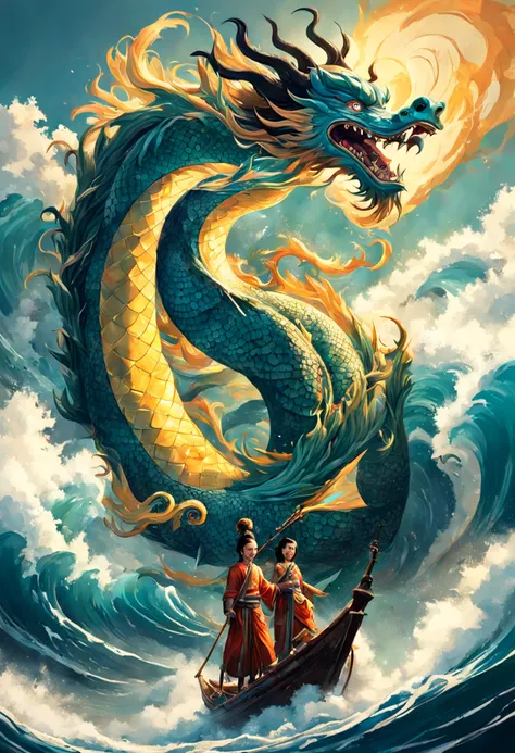 Estilo Vickers, The graphics in the poster design are ocean colors, Chinese dragon in ink painting,, um monge budista orando pacificamente, Like a water god, Viver no Mar do Norte, Controle tempestades no mar, An Ancient Chinese God, Super afiado,Realistic...