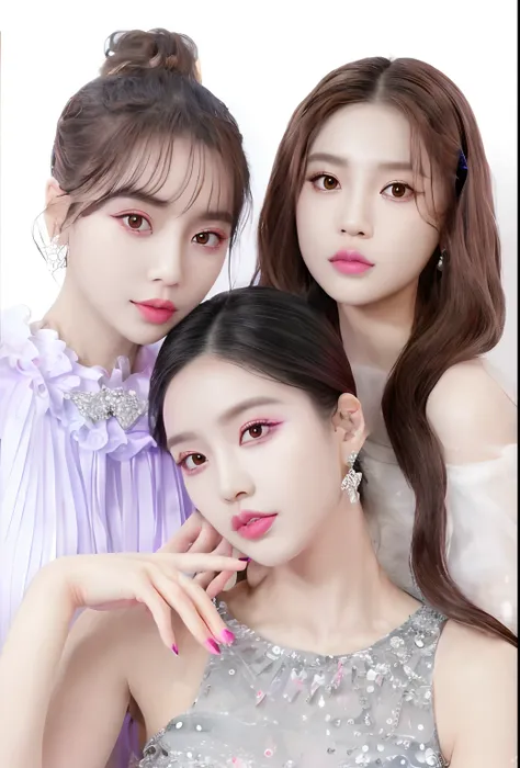 three young women posing for a picture in a studio, album art, popular south korean makeup, blackpink, perfume, portrait of kpop...