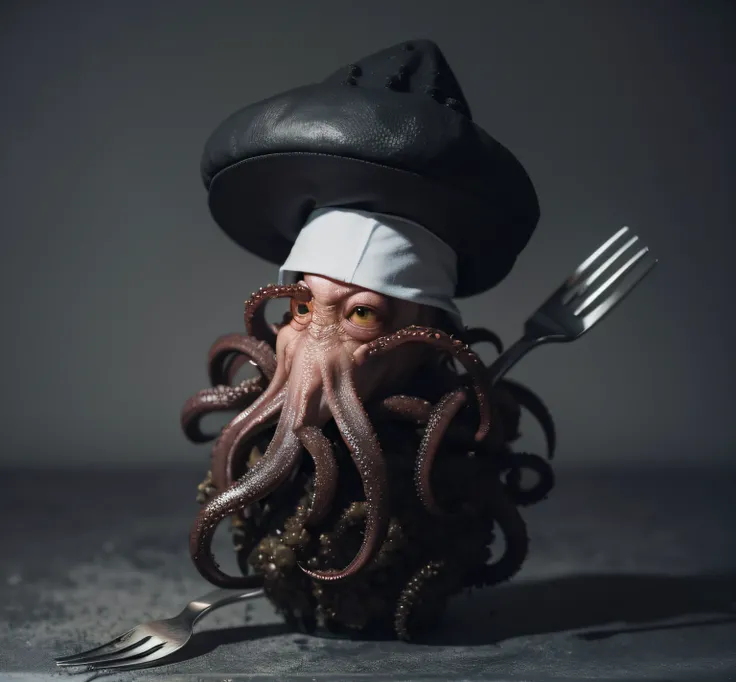 an octopus,abyssal，Cthulhu，gloom，a plant，chefs hat，Knives and forks，Gray background