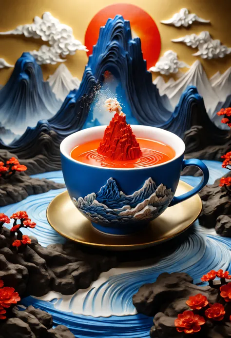 (Masterpiece, High quality, Best quality, offcial art, Beauty and aesthetics: 1.2), A milk tea cup with, (a volcano erupts,Magma flowes),Surrounded by blue rocks, Splash spray, (Chinese landscape paper carving, Chinese landscape painting of the Song Dynast...