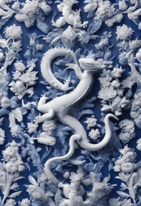 Blue and white porcelain,Ceramic material,lizard,Ornaments,,artwork of a,High detail,3D,Chiaroscuro, Cinematic lighting, god light, Cinematic lighting, hyper HD, High details, Best quality, A high resolution, Textured skin