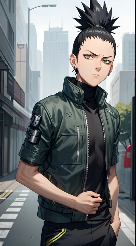 masterpiece, 1boy, superb style, cyberpunk style, streetwear clothes, outdoor, upper body, shikamaru nara, bright eyes, black ha...