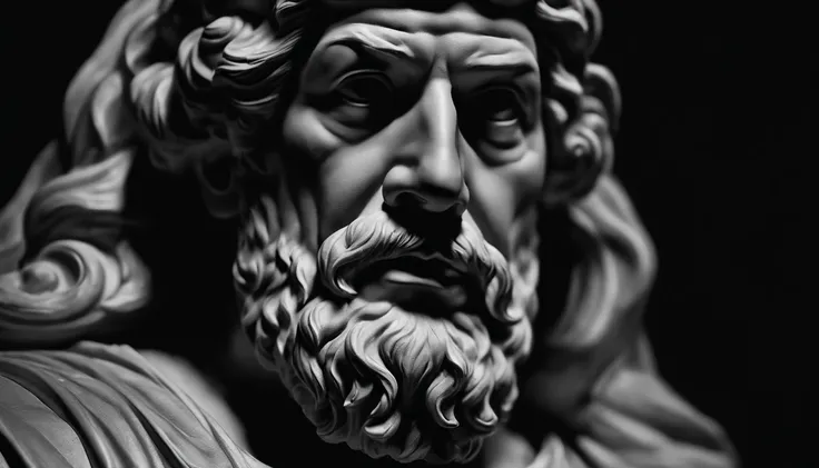 a portrait statue of the stoic Seneca in black and white, brawny, 4K,side face, Super Realistic Wallpaper