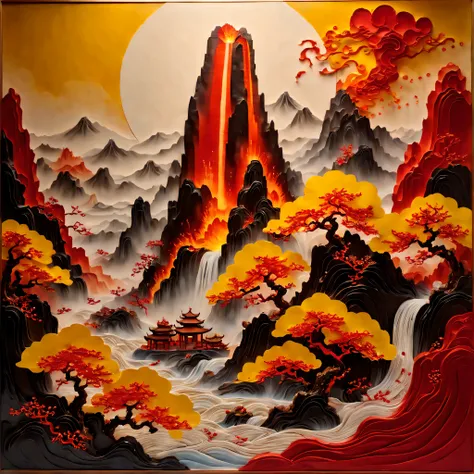 (Masterpiece, High quality, Best quality, offcial art, Beauty and aesthetics: 1.2), plate, (The volcano erupts with red magma flowing),Surrounded by yellow rocks, Splash spray, (Chinese landscape paper carving, Chinese landscape painting of the Song Dynast...