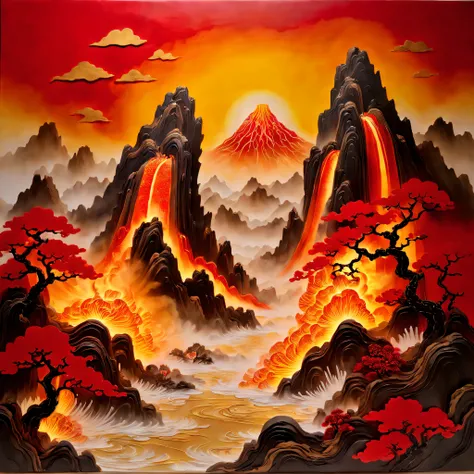 (Masterpiece, High quality, Best quality, offcial art, Beauty and aesthetics: 1.2), plate, (The volcano erupts with red magma flowing),Surrounded by yellow rocks, Splash spray, (Chinese landscape paper carving, Chinese landscape painting of the Song Dynast...