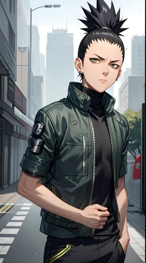 Masterpiece, 1boy, Superb Style, cyberpunk style, Streetwear clothes, Outdoor, Upper Body, Shikamaru nara, bright eyes, black hair, cool boy